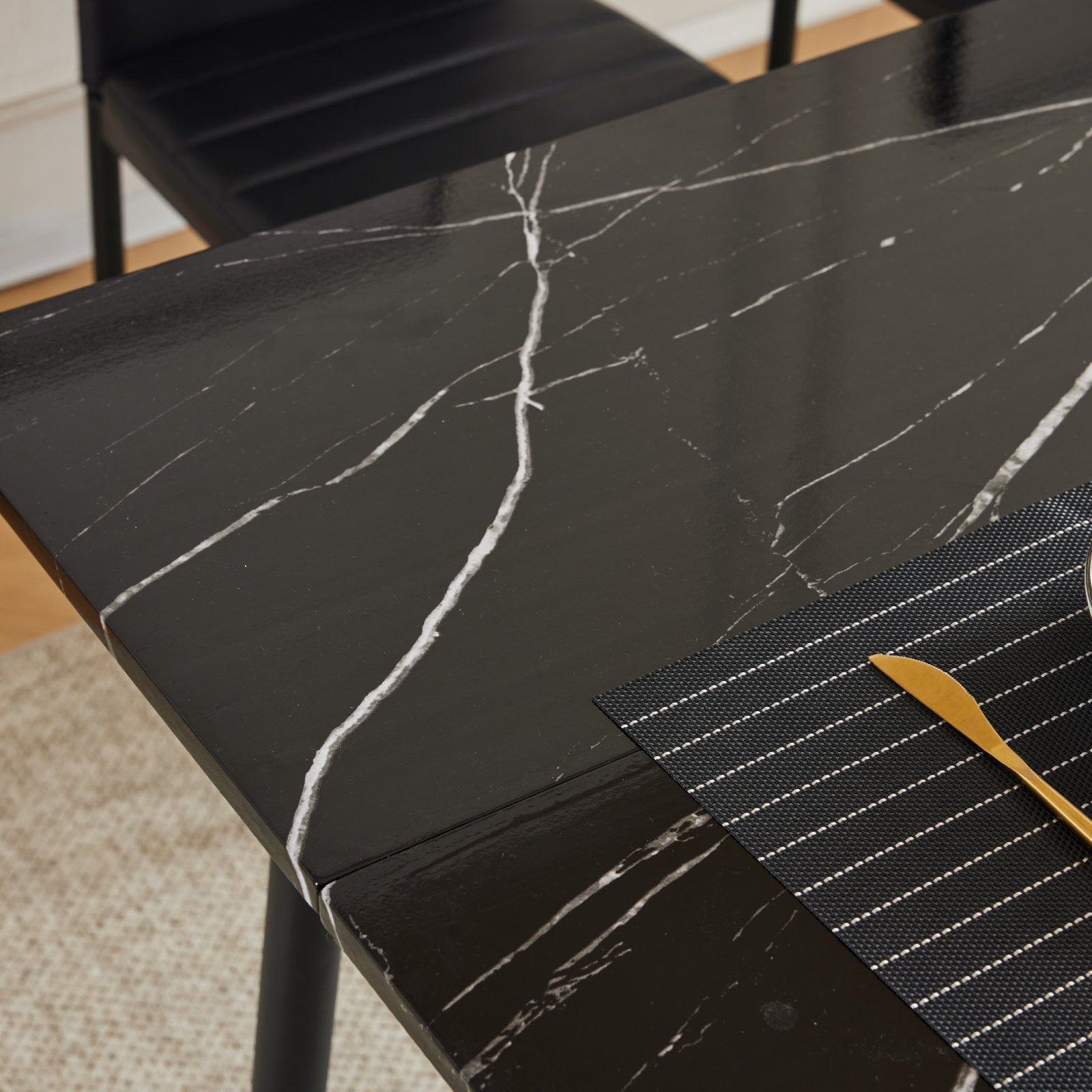 Ktaxon Dining Table Set for 6, Faux Marble Dining Room Table Set Dinner Table with PU Chairs for Home Kitchen Restaurant 55" Black