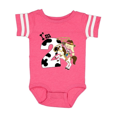 

Inktastic I m Two-cowgirl riding horse birthday Gift Baby Girl Bodysuit