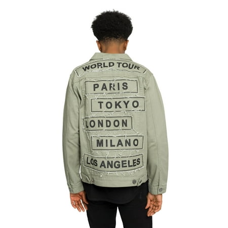 Victorious Men's Colored City Patch World Tour Denim Jean Jacket DK192 - Jade - Small