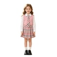 thumbnail image 5 of Girls 4 Piece Preppy Outfit Set, Long Sleeve Collared Shirt Knit Vest Plaid Tie Pleated Skort Uniform for Back to School Daily Outdoor Casual Wear(Pink,5-6 Years), 5 of 5