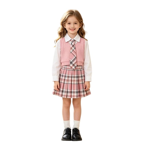 Rggeeun Girls Back To School Sets Plaid Skirt Cute Tops Casual Jackets Front Tie Matching Sets 3Pc Festive Celebration Versatile,Pink,7-8 Years