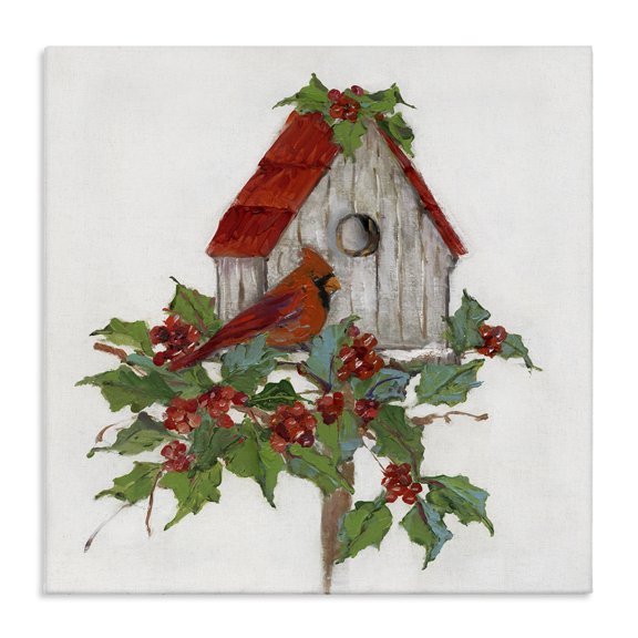 Stupell Industries Winter Plants & Birdhouse Holiday Painting Gallery Wrapped Canvas Art Prints Wall Art, 17 x 17