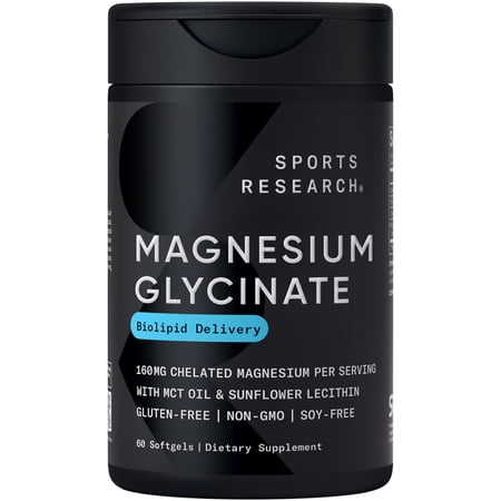 Sports Research® High Absorption Magnesium Glycinate 160mg Relaxation Muscle Nerve Support (60 Liquid Softgels)