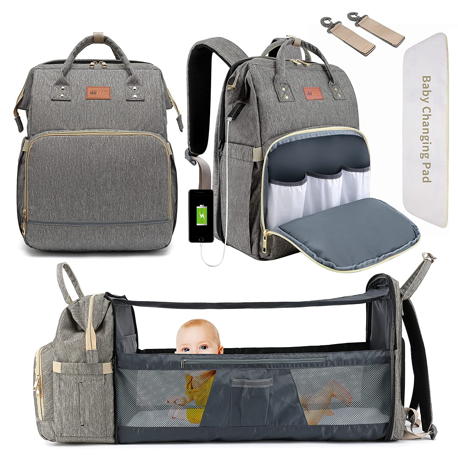 DEBUG Baby Bags for Boys Girls Stylish Diaper Bag with Stroller Straps and Insulated Pocket for Dad Mom Diaper Bag Backpack Grey Large Waterproof Travel Back Pack Diaper Bag with Changing Pad