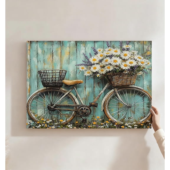Vintage Bicycle Daisy Lavender Canvas Wall Art, Rustic Farmhouse Decor, Teal Wood Floral Artwork For Kitchen, Living Room, Entryway, Ready To Hang