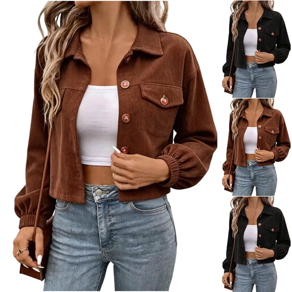 Fancifize Button Down Cropped Jacket for Women, Lapel Peasant Sleeve Ribbed Texture Vintage Outerwear with Pockets Brown