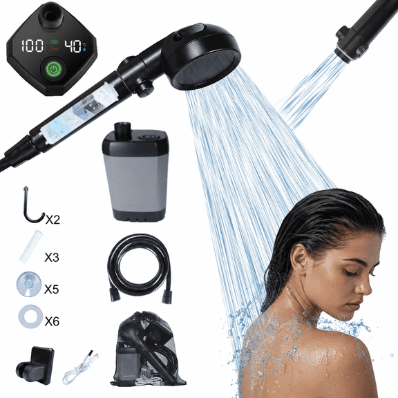 ASTRAEA Portable Camping Shower, 6000mAh Waterproof Rechargeable Outdoor Shower Pump with Water Filter & 4 Spray Modes for Beach, Hiking, RV, Pet Washing