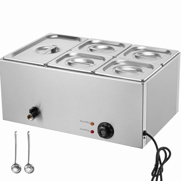 KFFKFF 24QT Commercial Food Warmer, 5-Pan Electric Steam Table, 1200W Countertop Stainless Steel Buffet Bain Marie with Adjustable Temperature Control for Catering, Parties, Restaurants