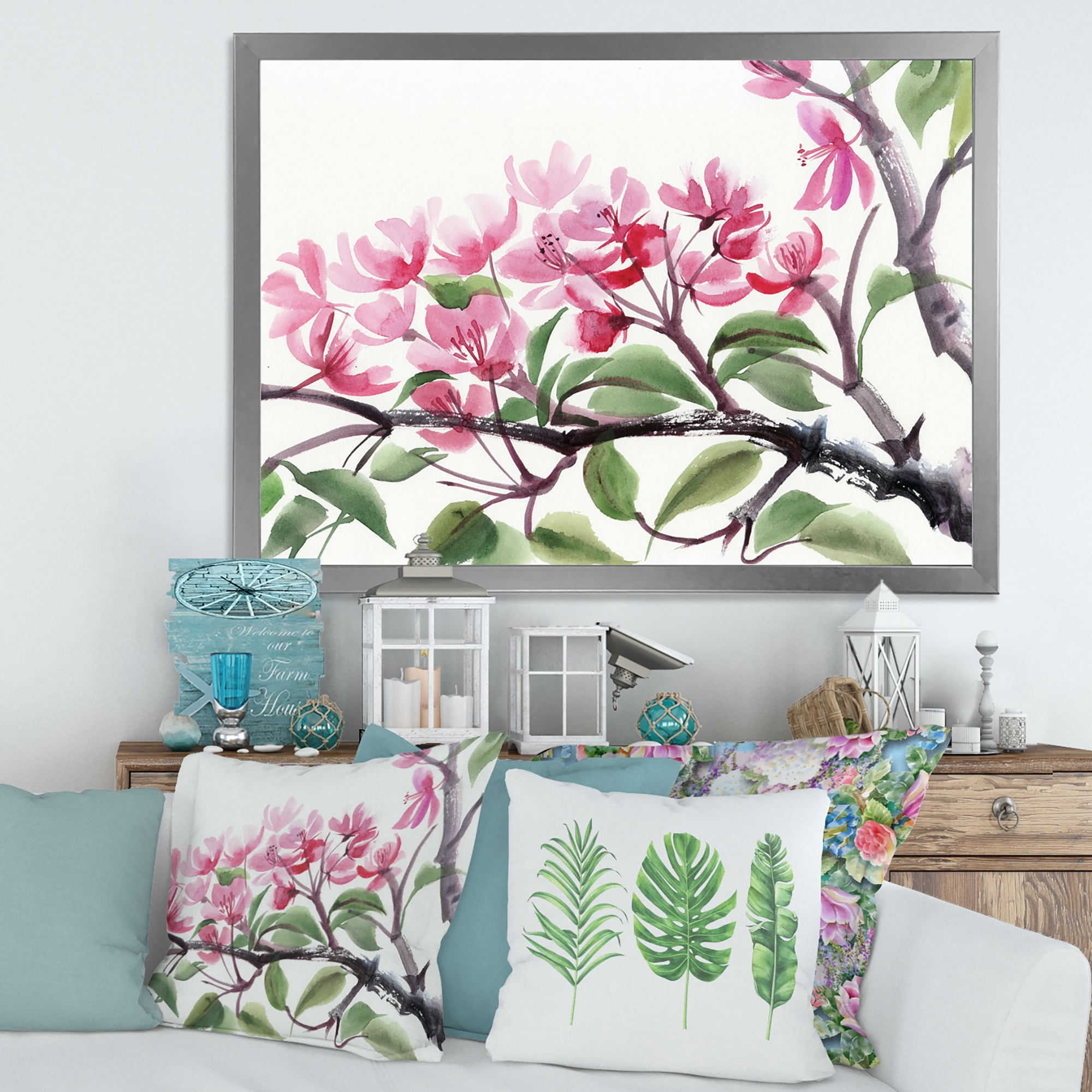 Designart 'Pink Blossoming Floral Tree' Traditional Framed Art Print