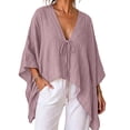 thumbnail image 2 of VBVC Women's Cotton Linen V Neck Tie Front Tunic, Ladies' Loose Batwing Sleeve Blouse, Casual Asymmetrical Vacation Top For Women, Pink , S-2XL, 2 of 9