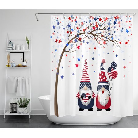 HVEST 4th of July Shower Curtain Blue Red Stars Independence Day Shower Curtain for Bathroom, American Flag Balloon Funny Gnome Bath Curtain with Hooks Holiday Decorations, 60W X 72L Inches