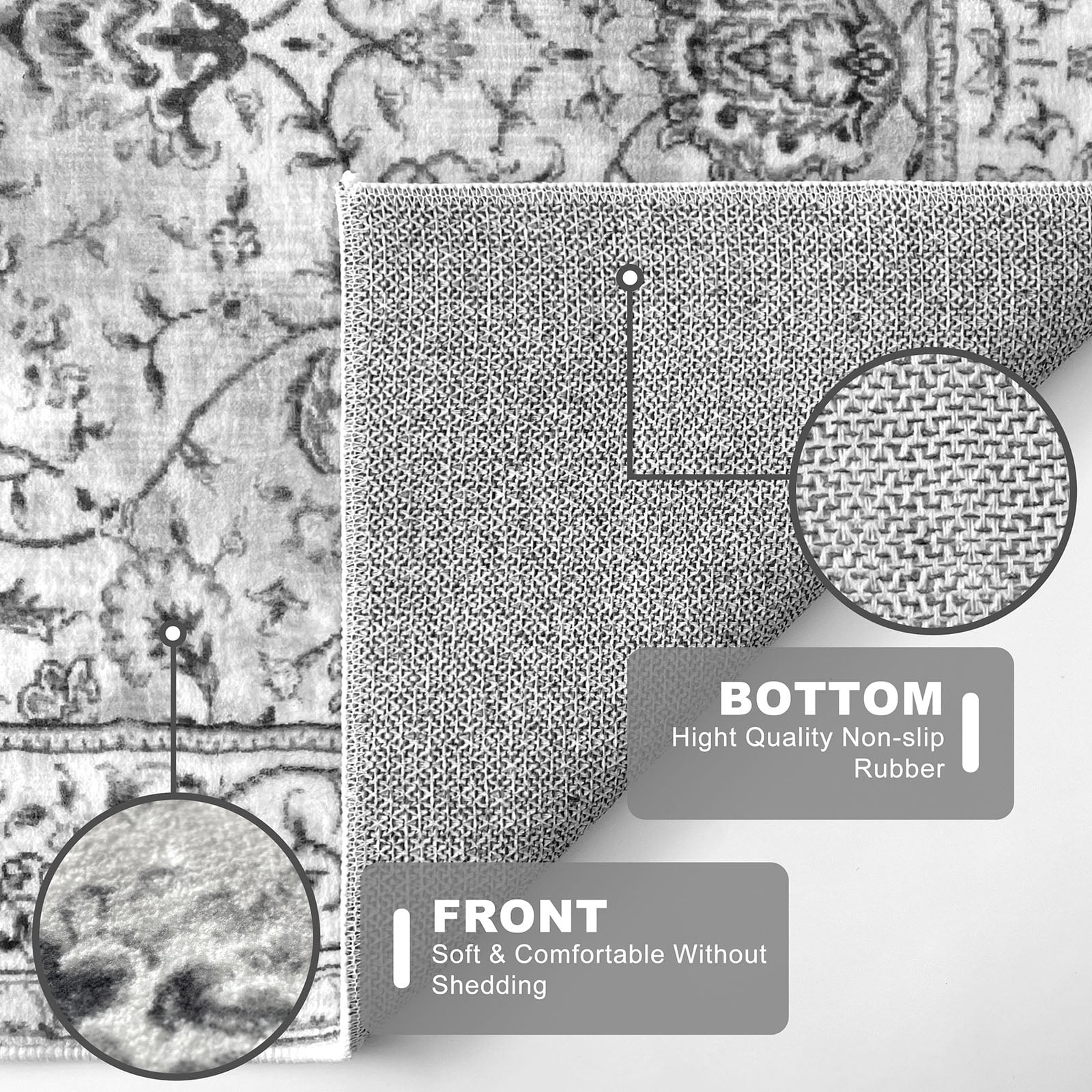 iOhouze Runner Rugs for Hallway 2x5 Rug Runner Thin Vintage Floral Rug Washable Runners Non-Slip Soft Low Pile Kitchen Runner Rug for Laundry Room Bedroom, Light Gray White