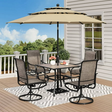 6-Piece Outdoor Patio Dining Set with 10 ft Umbrella, Swivel Textilene Chairs & Wood-Grain Patio Table for 4 People, Brown-Gray & Beige