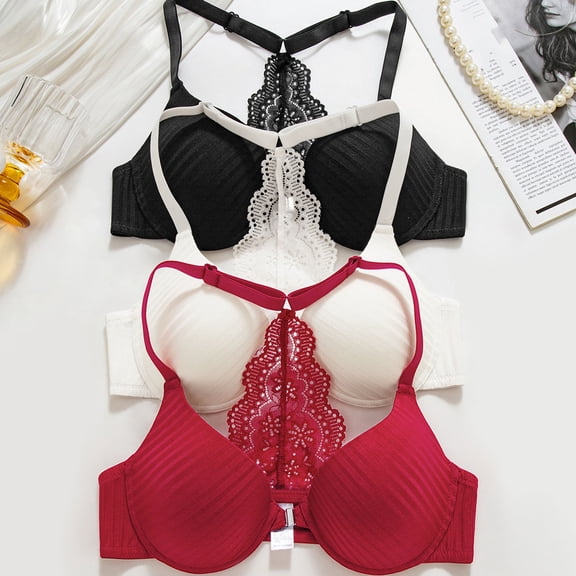 Antinious Women Backless Bras Push Up Lace Front Closure Solid Breathable Comfortable