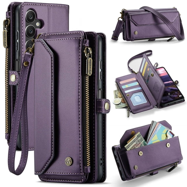 Funda tipo cartera para Samsung Galaxy A16 con bloqueo RFID, tarjetero, cremallera y ranura para billetes, correa de hombro magnética de piel sintética suave para Samsung Galaxy A16