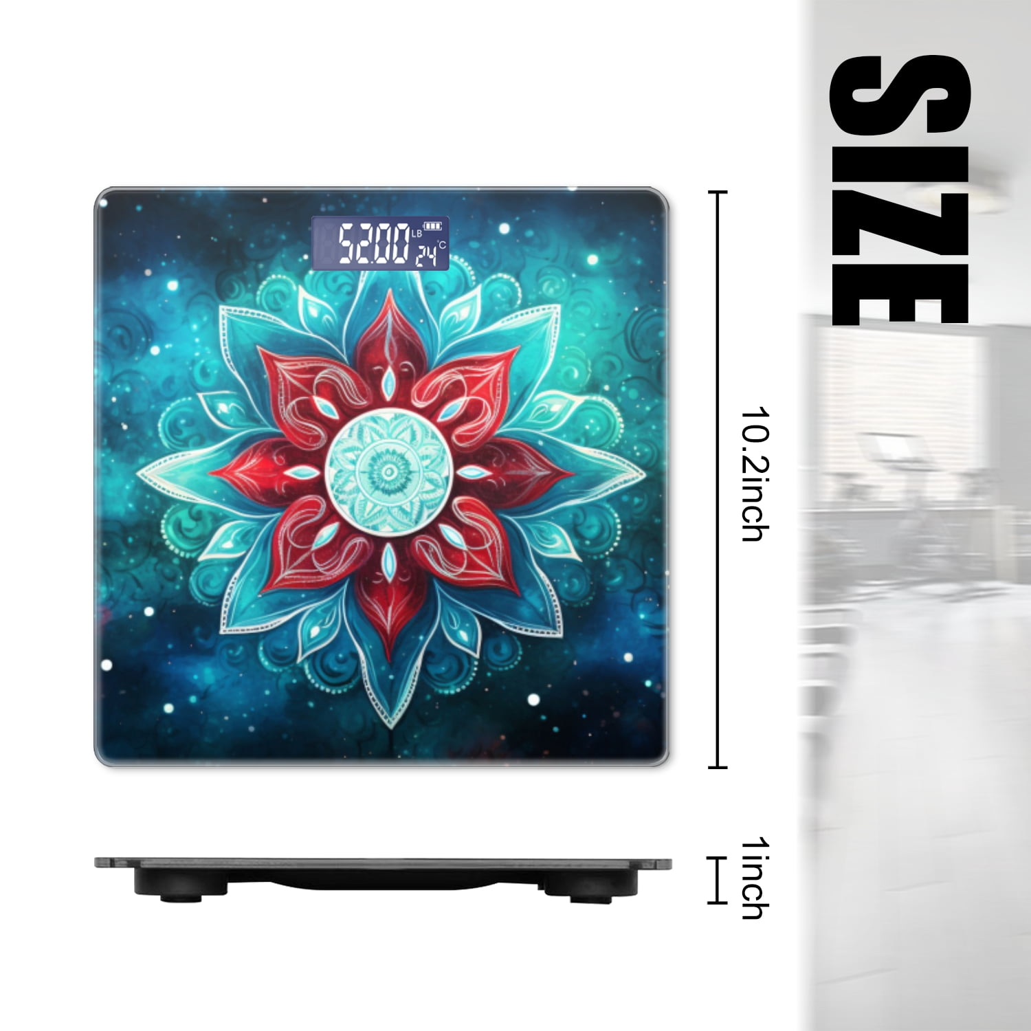 Bathroom Scale, Highly Accurate Digital Body Scale,Precisely Measures Weight up to 400 lbs-Red And Blue Floral Mandala With White Center
