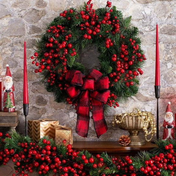 Dserfhy 15 Inch Christmas Wreath for Front Door Artificial Greenery Wreath with Red Berries And Buffalo Plaid Bow for Holiday Indoor Outdoor Wall Farmhouse Home Decor