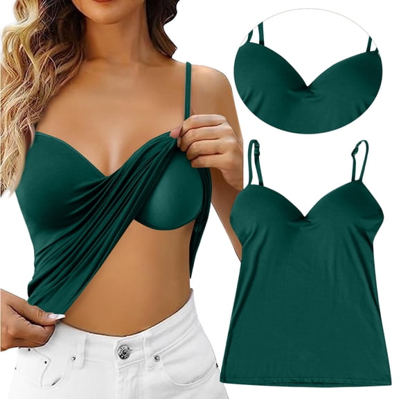 VV AVEORS Womens Camisole Tank Tops With Built In Bra Adjustable Spaghetti Strap V Neck Yoga Shirts Basic Tank Tops Layer Padded Bra Dark Green 4XL