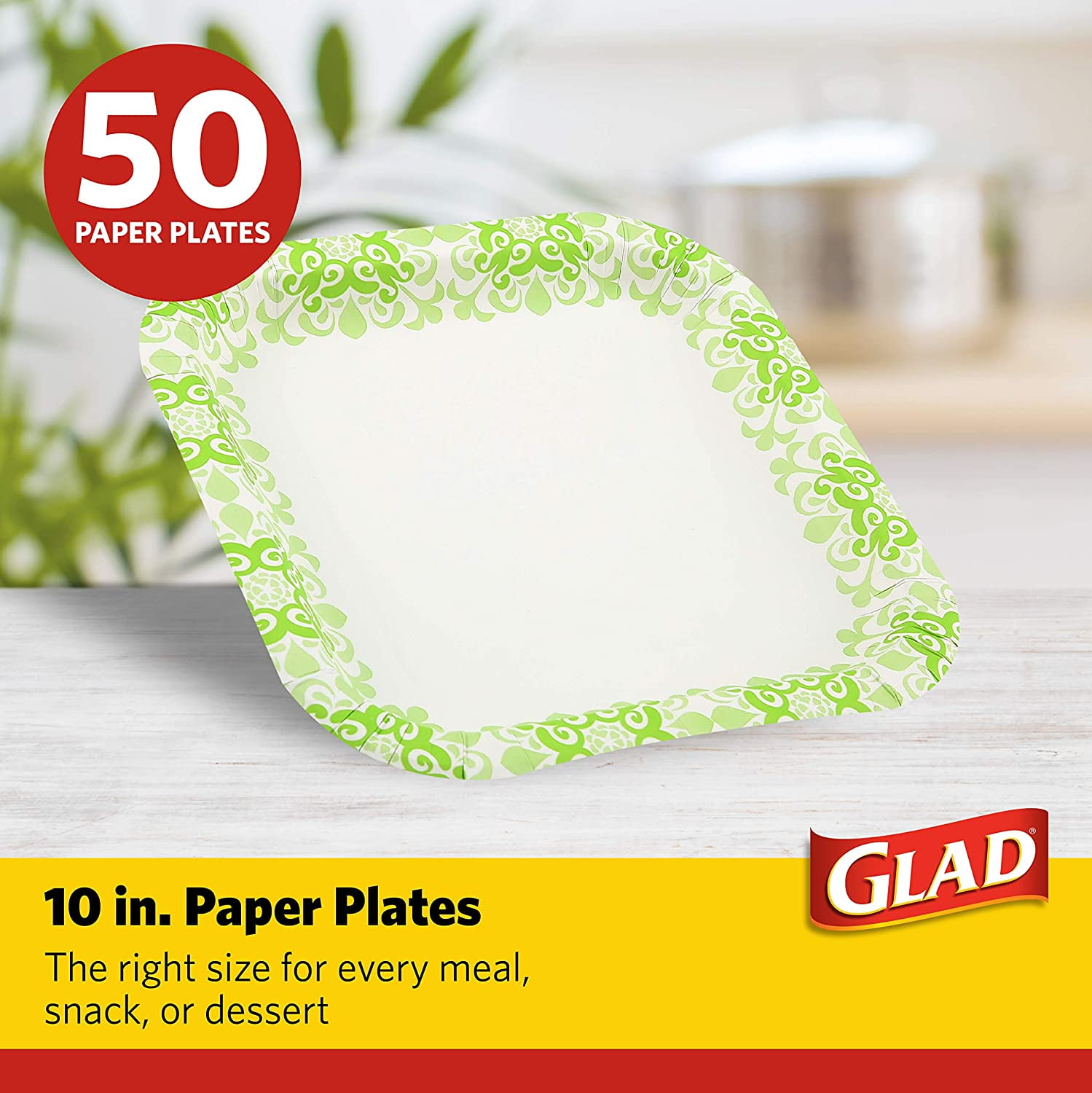 Square Heavy Duty Paper Plates, Soak Proof and Cut for Parties Everyday Meals, Microwaveable Easy Serving, Green Victorian Pattern, 10 Inch, 50 Count