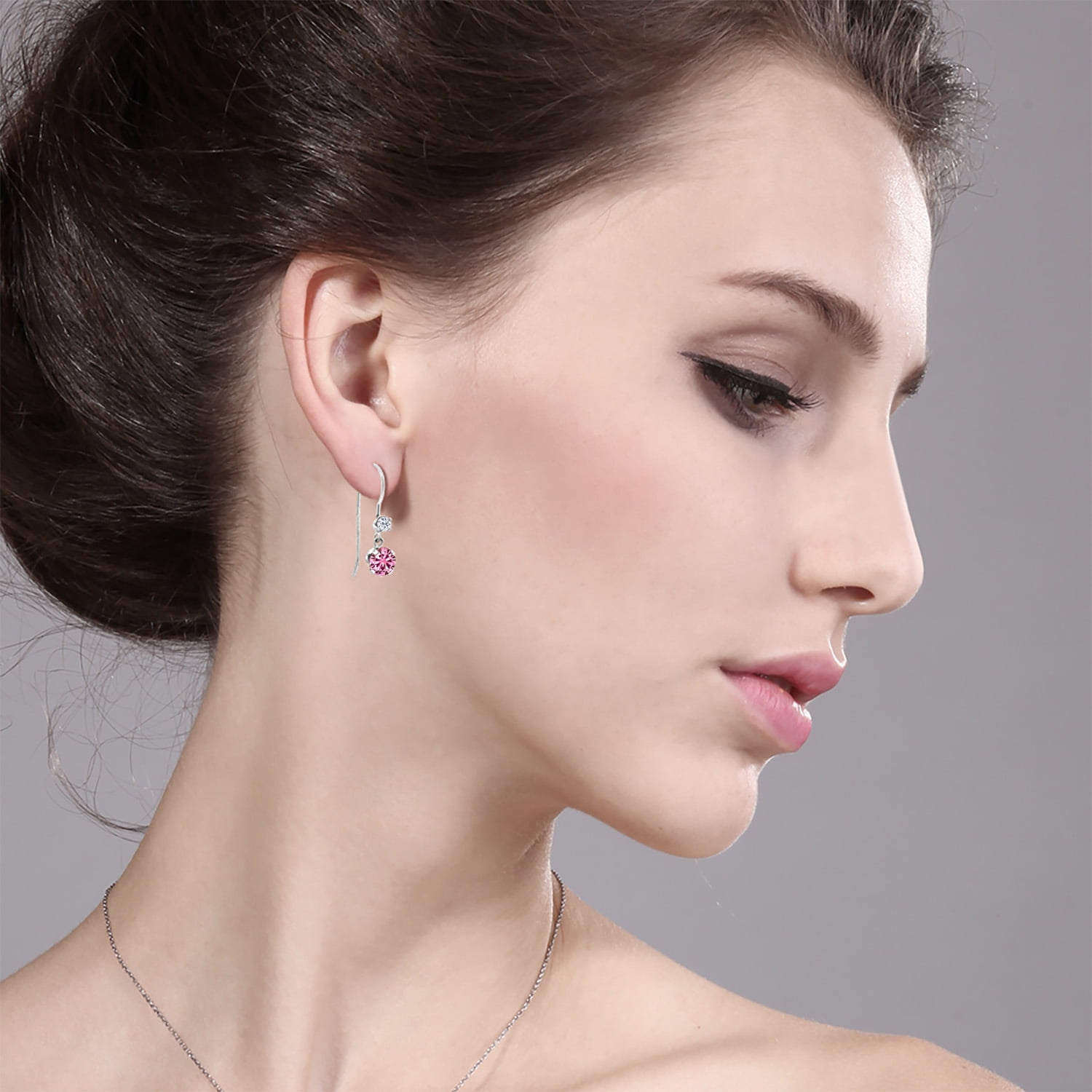 Gem Stone King 14K White Gold Pink Moissanite and White Topaz French Wire Dangle Hook Earrings for Women (1.17 Cttw, Gemstone Birthstone, Round 5MM and 2.5MM)