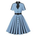 thumbnail image 2 of Jinhomg Vintage Cocktail Dresses for Women Flowy A-Line Pleated Midi Dress 1950S Tie Neck Button Down Dresses Elegant Short Sleeve Polka Dot Swing Dress Light Blue XL, 2 of 3