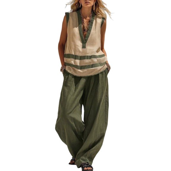 CIENVNSTG Two Piece Sets for Women Summer Sleeveless Ethnic Boho Striped Vest Loose Wide Leg Pants Vestidos Fashion Streetweeetwear Green L