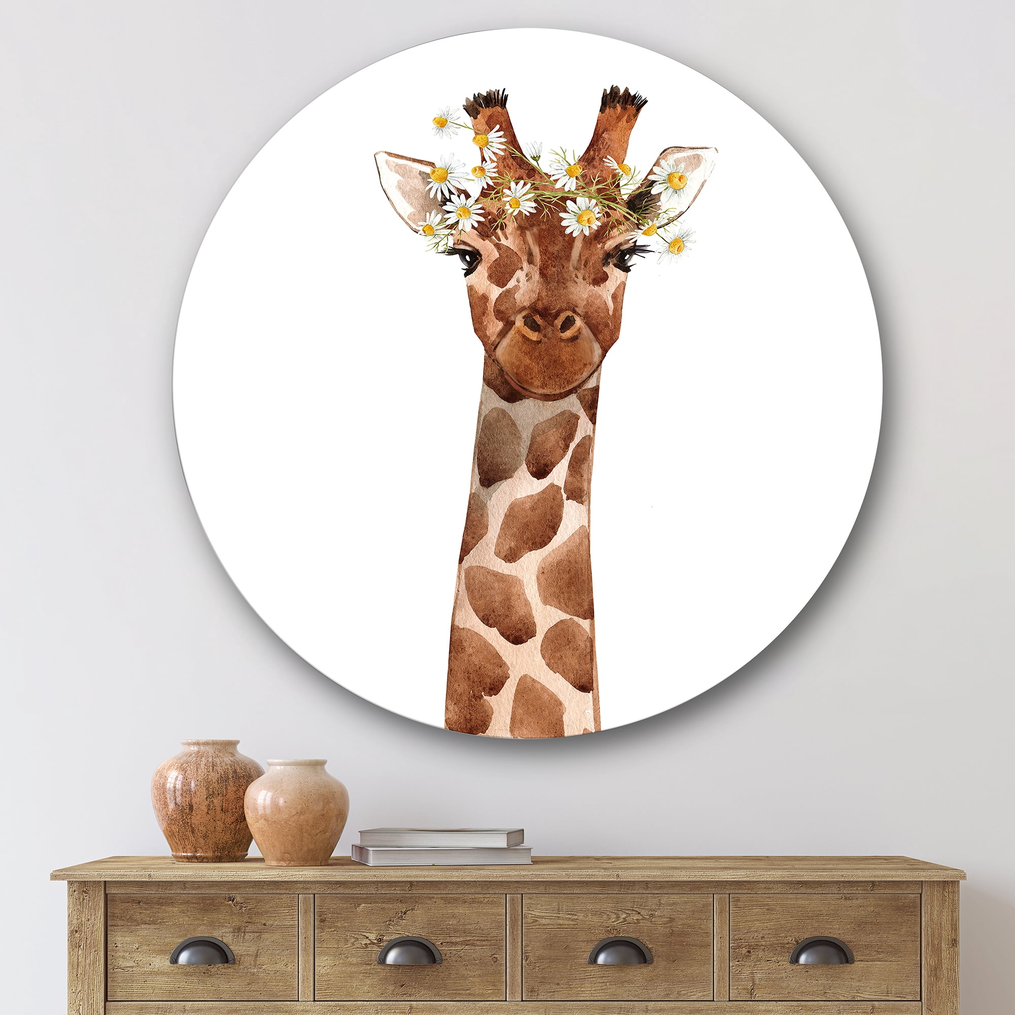 Designart 'Portrait of A Giraffe With White Flowers' Farmhouse Circle Metal Wall Art 36x36 - Disc of 36