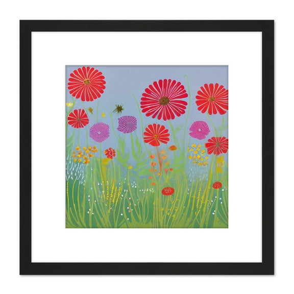 Red and Purple Chrysanthemum Flower Meadow in Bloom Folk Style Oil Painting Square Wooden Framed Wall Art Print Picture 8X8 Inch