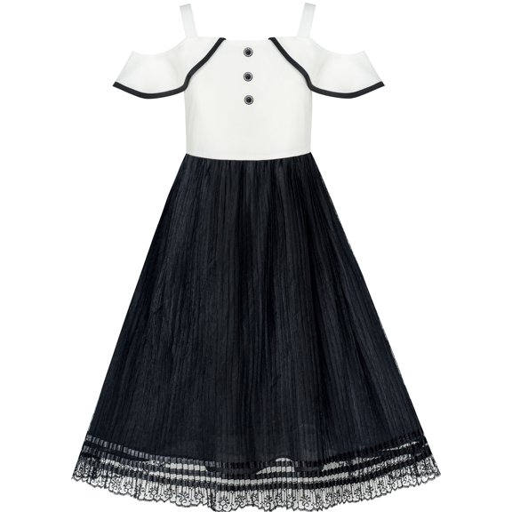 Girls Dress White And Black Chiffon Lace Cold Shoulder 6 Years