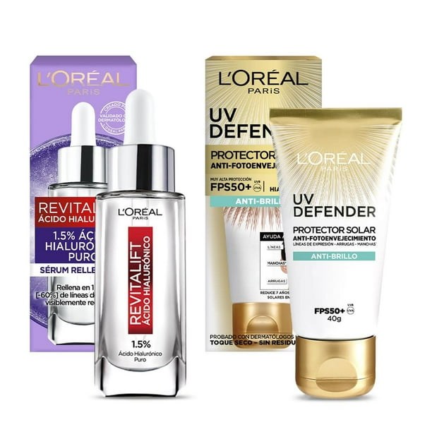Kit Protector Solar Diario L'Oréal Paris FPS50+ UV Defender Anti-Brillo + Sérum Revitalift Ácido Hia