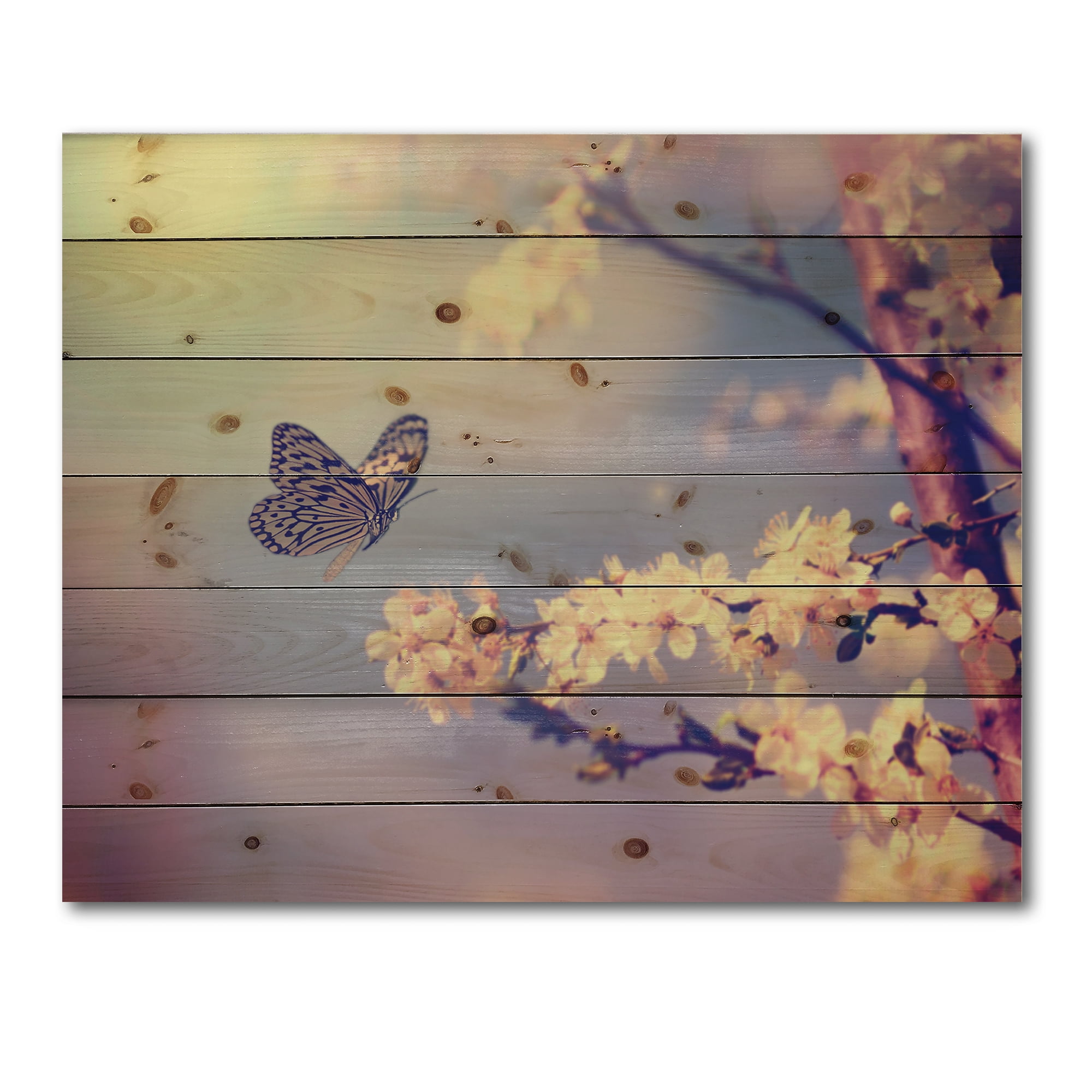 Designart 'Ancient Butterfly Flying To A White Flower' Traditional Print on Natural Pine Wood