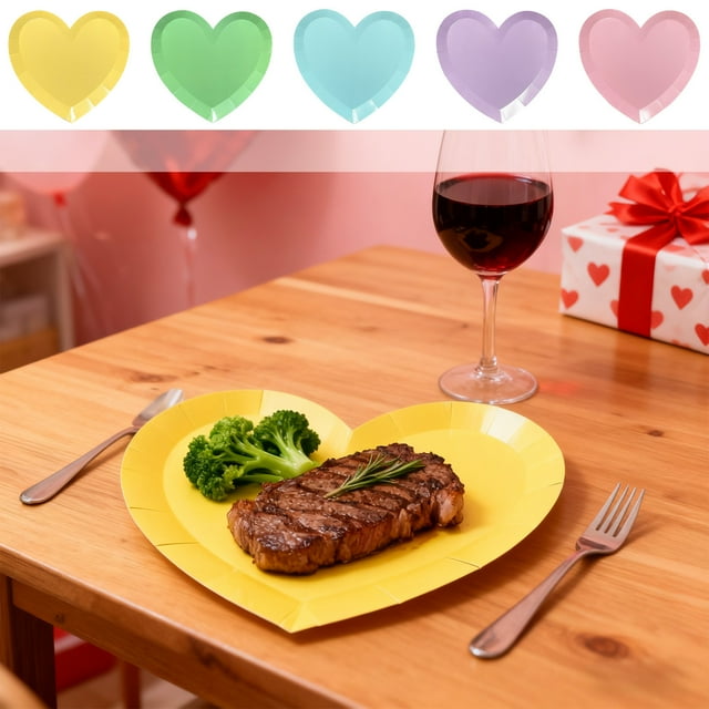 Bandeja de San Valentín | Papel de seda desechable en forma de corazón | Vajilla para cortesía, papel grueso impermeable, limpieza fácil | Multicolor | 22,5 x 22,5 cm