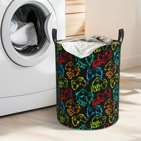 Foldable Oxford cloth game controller design large round laundry basket - bedroom bathroom clothing storage bin, durable polyester home decoration organizing basket