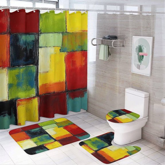 Colorful Geometric Squares Art Shower Curtain Bathroom Sets Toilet Lid Rug, Bath Mat And Contour Mat, Shower Curtain 4Pcs