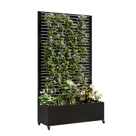 Metal Planter Box with Trellis, Privacy Screen, and 4 Wheels for Gardens