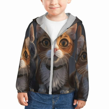 

Qekee Wide Eyed Cartoon Cats Print UPF 50+ Kids Sun-Protective Hooded Long Sleeve Rash Guard for Fishing Water Beach Sports -5 Years