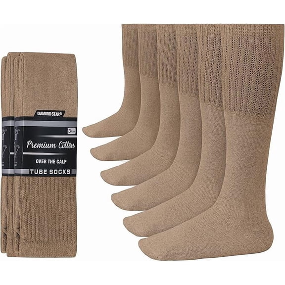 Diamond Star Men’s Tube Socks – Premium Cushioned Cotton Over the Calf Athletic Knee High Socks (Khaki - 6 Pairs 22 inches Low Calf Socks fit size 9-15)