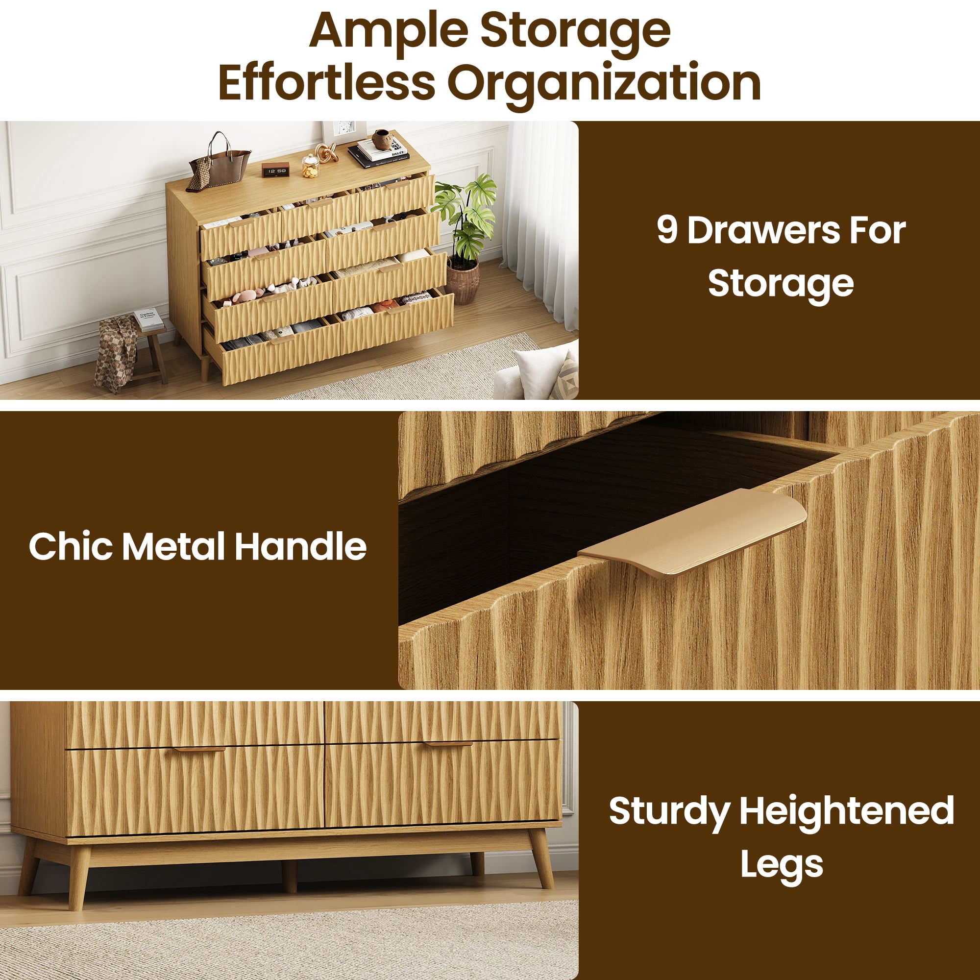 IDEALSOUL Oversized 9 Drawers Dresser for Bedroom, Wave Fluted Chest with Metal Handle, Wooden Dresser TV Stand, Wood Closet Clothes Storage Organizer for Living Room