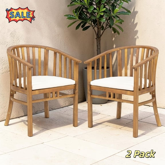 Tcbosik 2 Pack Outdoor Chairs with Cushions, Acacia Wood Dining Chair, Bistro Chair for Garden, Porch, Backyard, Poolside, Easy Assembly, Teak