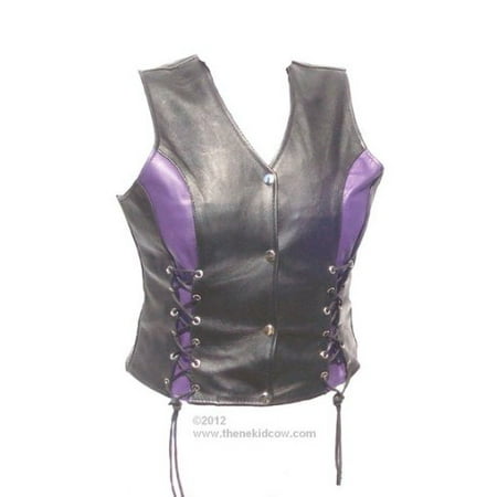 Womens Naked Leather Motorcycle Vest with VIOLET PURPLE Accents Front Laced Premium Leather, Satin Lined, Leightweight, Woman, Ladies Biker Riding Beautiful Vest (Small,