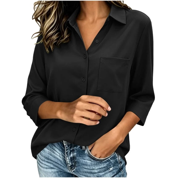 Maplenight Button Down Shirts for Women 3/4 Sleeve Collared Shirt with Pocket Relaxed Fit Work Office Business Casual Tops