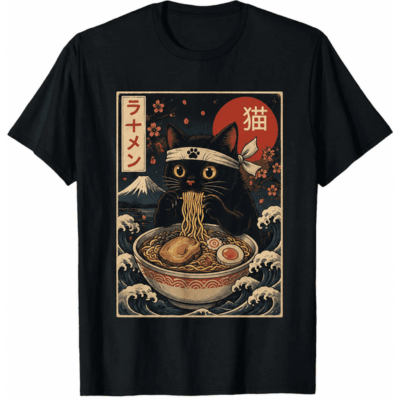 Cute Black Cat Ramen T Shirt for Men Women, Japanese Ukiyoe Style Cat Noodle Graphic Tee, Vintage Wave Print Casual Short Sleeve Shirt