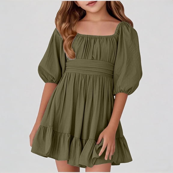 REDARER Kids Square Neck Puff Sleeve Ruffle Hem Dress Casual Summer Playwear Party Outfit,11-12 Years