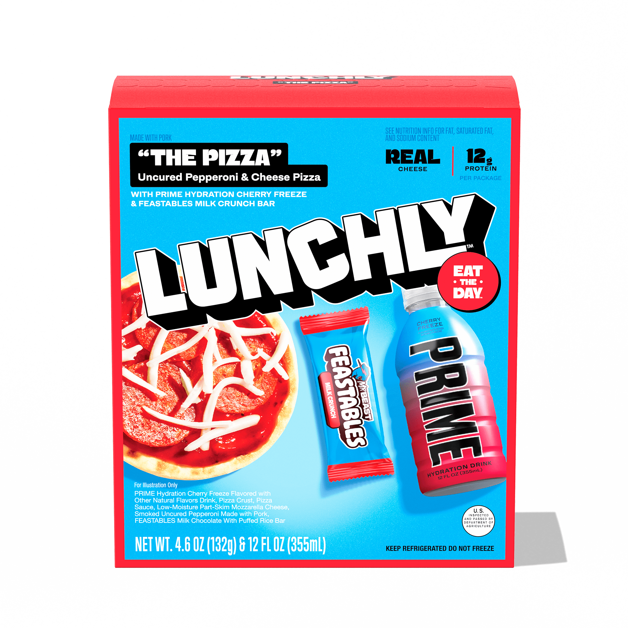 LUNCHLY Meal Kit, Pizza Party with Feastables Chocolate and Prime Hydration, 12g Protein, Refrigerated, 1 Meal Kit