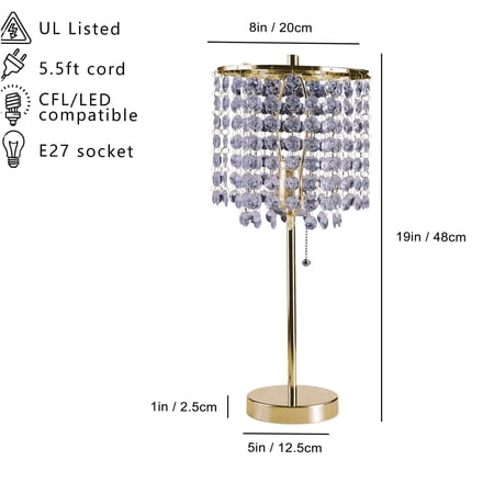 JERFIT Gold Crystal Table Lamp with Pull Chain, Glam Accent Lamp for Bedroom Living Room
