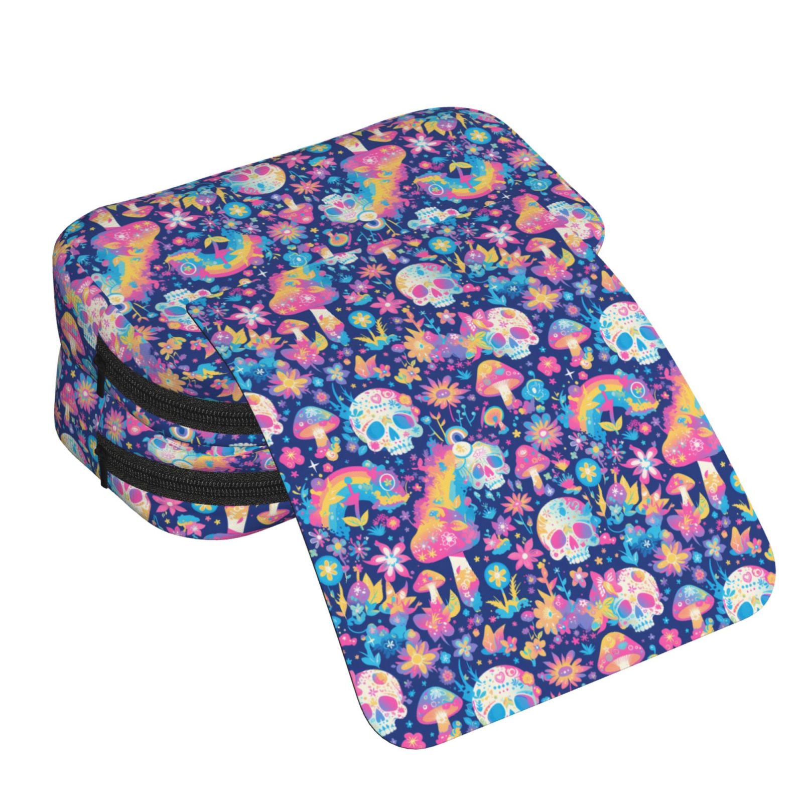 Rateoe mushroom Skull rainbow color Pattern Double Clamshell Pen Case, Storage Organizer with Two Zipper Compartments– Holds Up to 50 Pencils & Pens