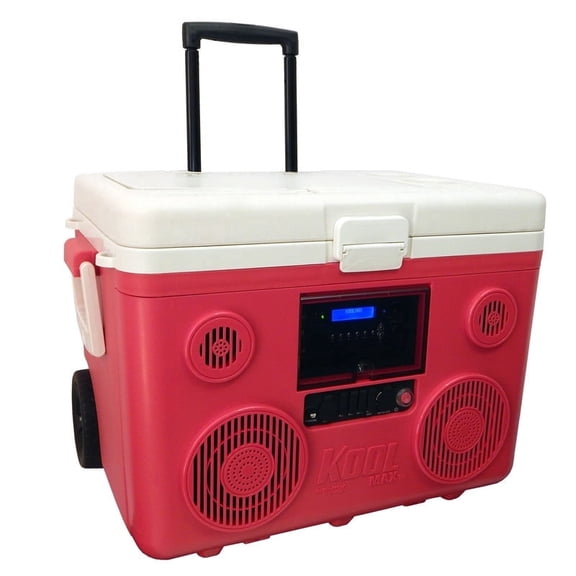 KoolMAX Cooler with Bluetooth Speaker System, 350W Boombox, 40 Qt Cooler, Rechargeable, USB 12V Car Cigarette Lighter Power Station, Guitar Amplifier, Radio, PA Machine, Karaoke, Red