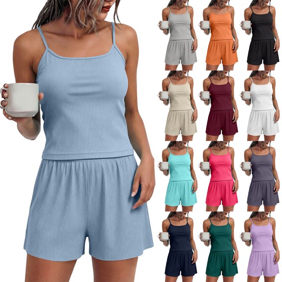 Helii Women's Ribbed Knit Pajama Shorts Set 2 Piece Sleeveless Cami Top and Elastic Waist Shorts Soft Stretchy Loungewear Matching Outfits for Sleeping Summer Casual Lounge 12 Colors