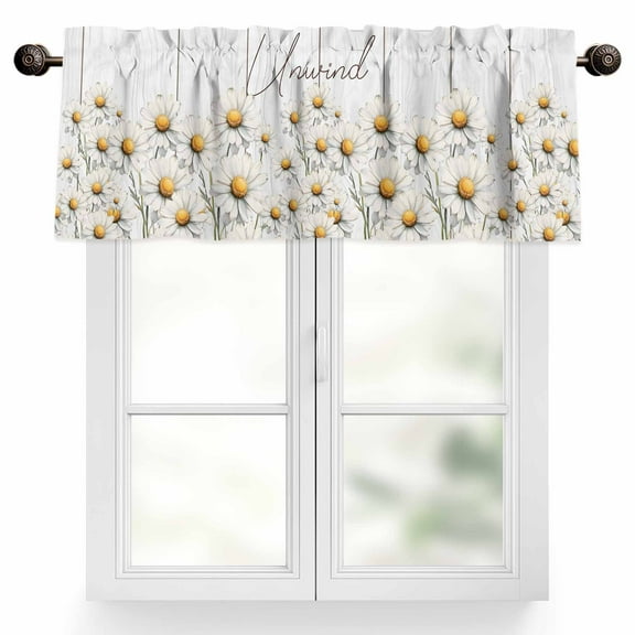 Daisy Valances for Windows, 42 x 12in, Watercolor Flowers Vintage Wood Grain Rod Pocket Kitchen Valance Curtain Light Filtering Window Treatments for Living Room Bedroom, 1 Panel