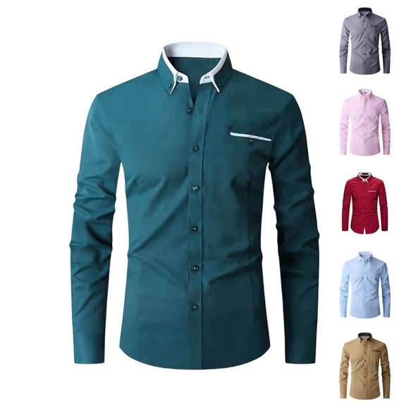 Daiosportswear Men's Long-Sleeved Shirt Double Collar Business Solid Casual Slim Long-Sleeved Shirt Red XL(XL)